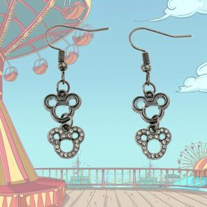 Double Hollow Gunmetal Mickey Mouse Dangle Earrings - Bottom has Rhinestones